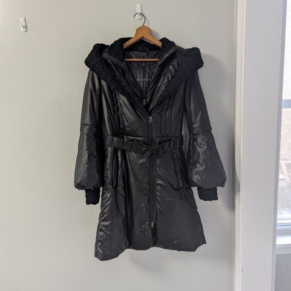 Mackage Black Long Puffer Coat with Knit Trim & Bell Sleeves - Picture 3 of 7